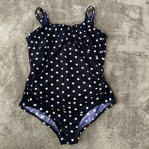 Lands' End One Piece Modest Swimsuit Women's size 14 Navy Polka Dot